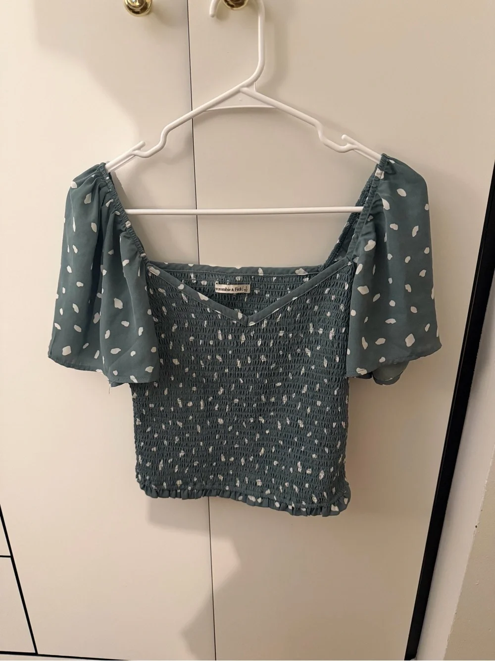 Abercrombie & Fitch Teal Smocked Crop Top with White Spot Print